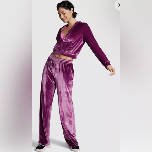 Victoria Secret Pink Bling Velour Shine Full-zip Crop Hoodie & Wide-leg Pants M - Picture 3 of 10